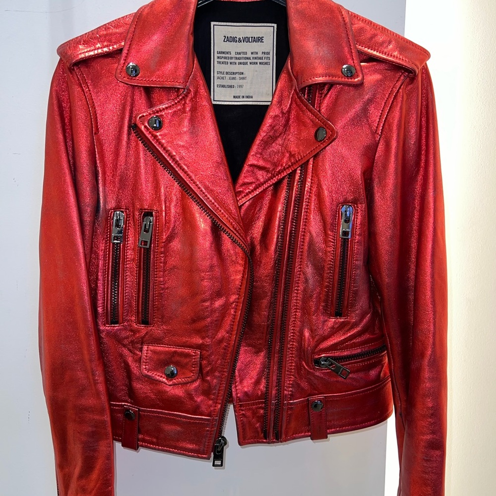 Zadig & Voltaire Shiny Red Leather Biker Jacket